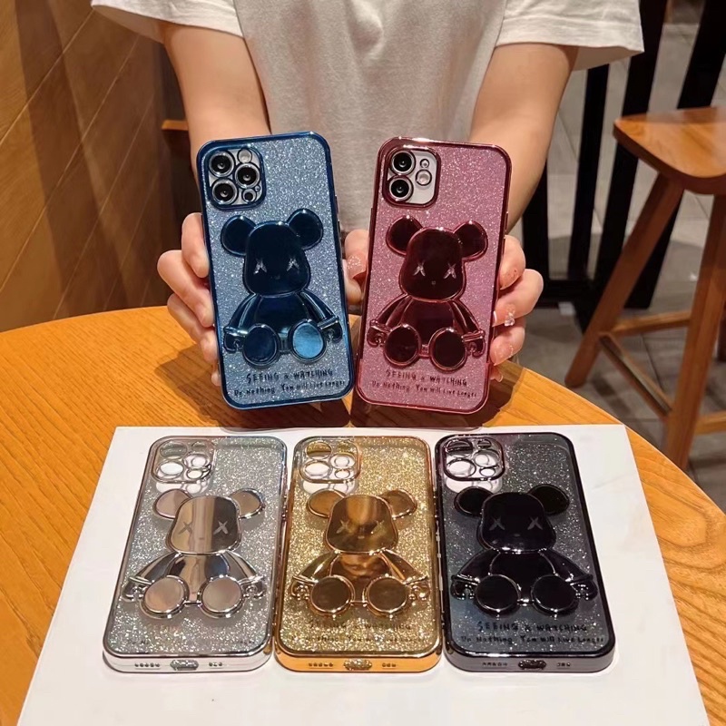 Case ốp lưng iPhone gấu bear bearbrick nhũ kim tuyến bạc đen cho Iphone 14 13 12 11 Pro Max X XS XR 8 7 6 Plus