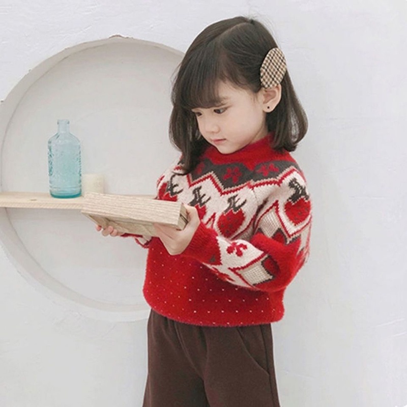 Áo sweater AMILA lông cừu dày dặn họa tiết chấm bi và dâu tây phong cách Giáng sinh cho bé gái