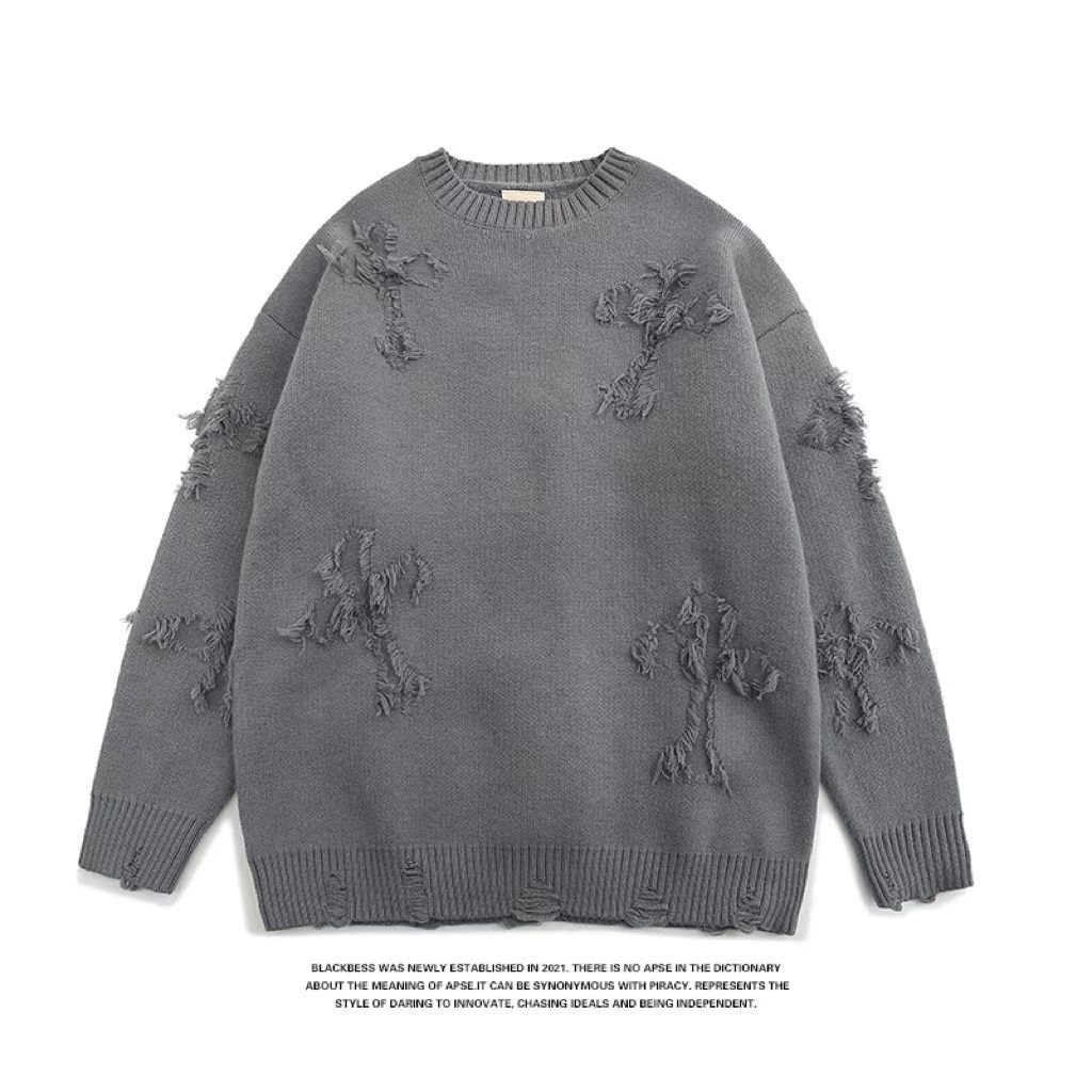 Áo Sweater Cổ Tròn Dáng Rộng Dày Dặn Phối Tua Rua Rách Kiểu Đường Phố Mỹ Thời Trang Thu Đông Cho Nam Và Nữ
