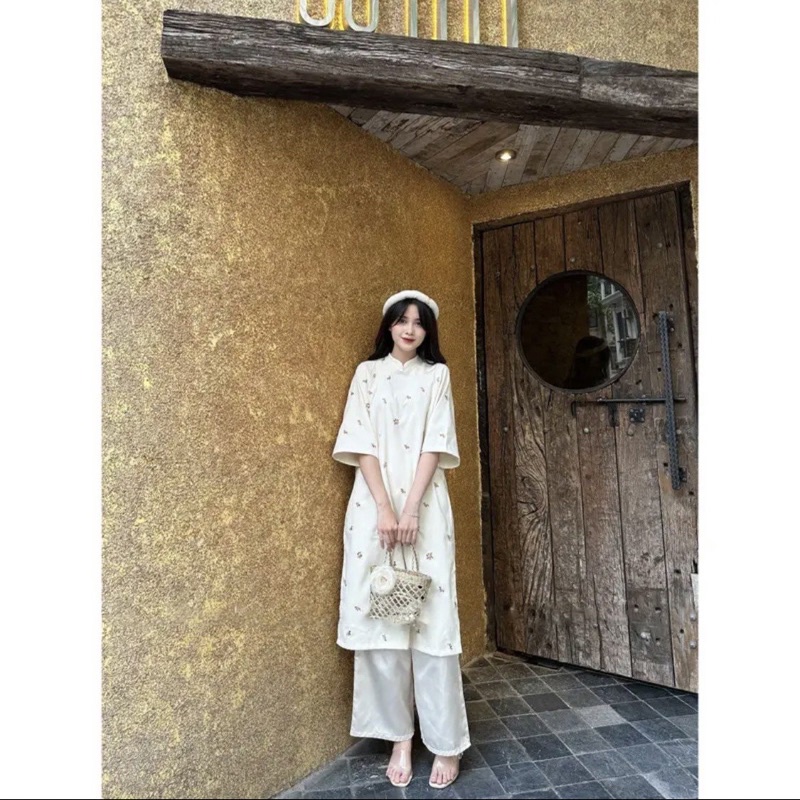Áo dài “TRÚC ANH”  - Áo dài nhung lì thêu hoa vintage kèm mấn