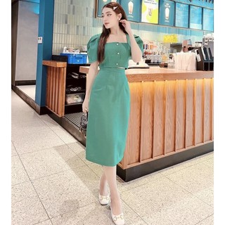 Set xanh cổ vuông nút ngọc (kèm hình thật)