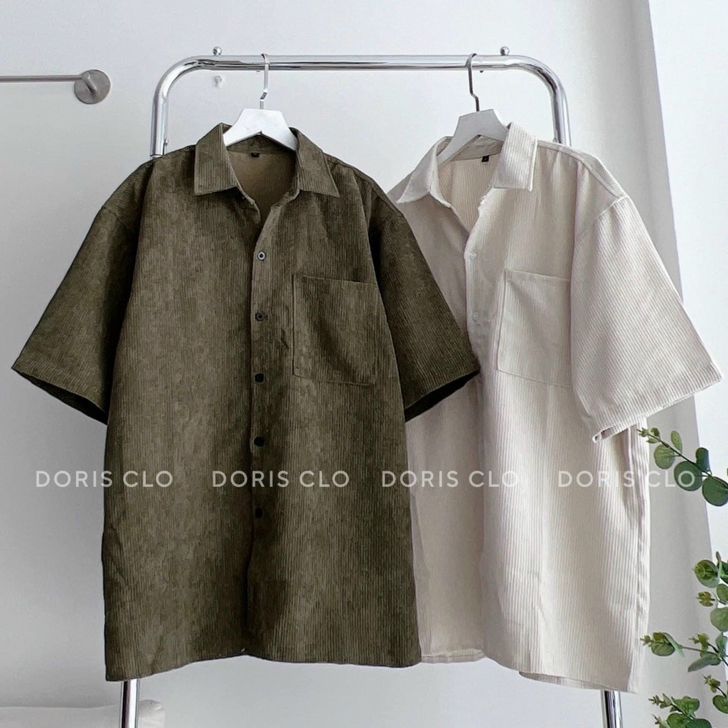 Áo Sơ Mi Nam Unisex Trơn Basic Nhung Tăm ,Tay Ngắn , Có 1 Túi Ngực - Học Sinh, Đi Học - Khoác Hàn Quốc Nam Nữ Cặp Đôi