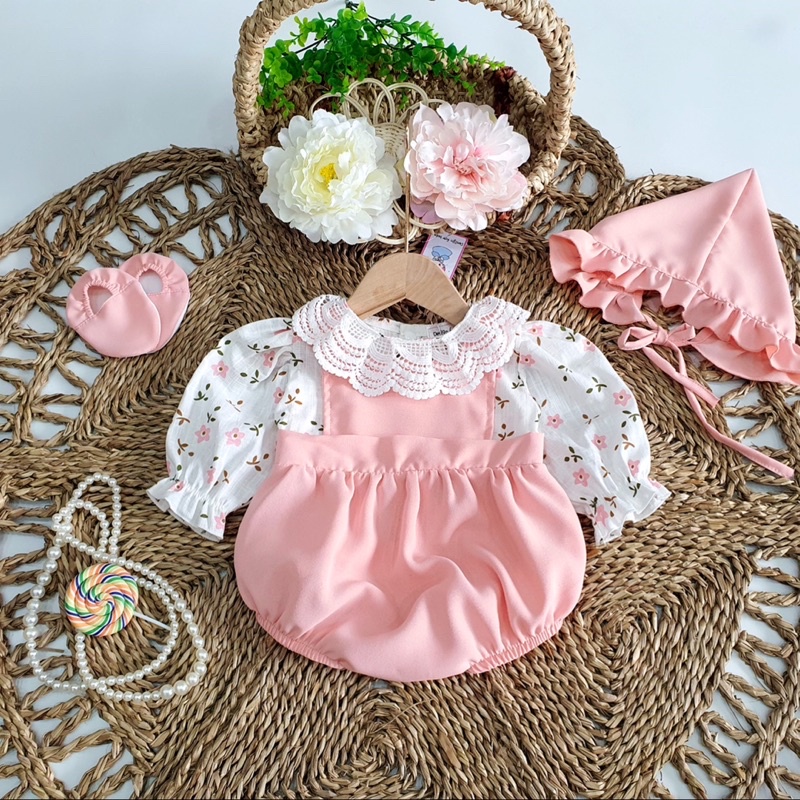 Bodysuit Hồng Hoa Đào Cổ Ren, Body Dứa Xô Muslin Xinh xắn Cho Bé Sơ Sinh