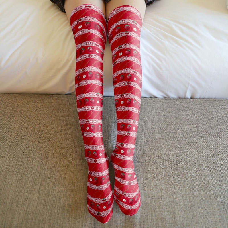 Vớ Dài Qua Gối In Họa Tiết Trái Dâu Phối Ren Phong Cách Lolita Nhật Bản Cho Nữ