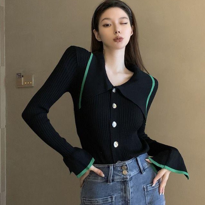 IELGYÁo sweater Dệt Kim Tay Dài Dáng Ôm Màu Đen Thời Trang Cho Nữ