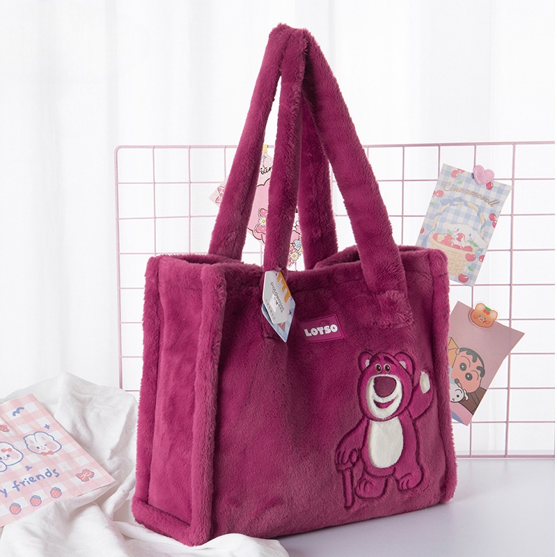 Túi Tote Đeo Vai Cỡ Lớn Phối Lông Họa Tiết Gấu Dâu Tây Dễ Thương