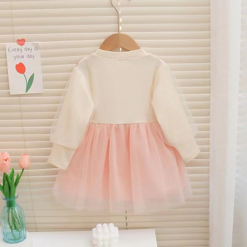 Đầm Dài Tay Phối Lưới Xinh Xắn Dành Cho Bé Gái 0-4 Tuổi