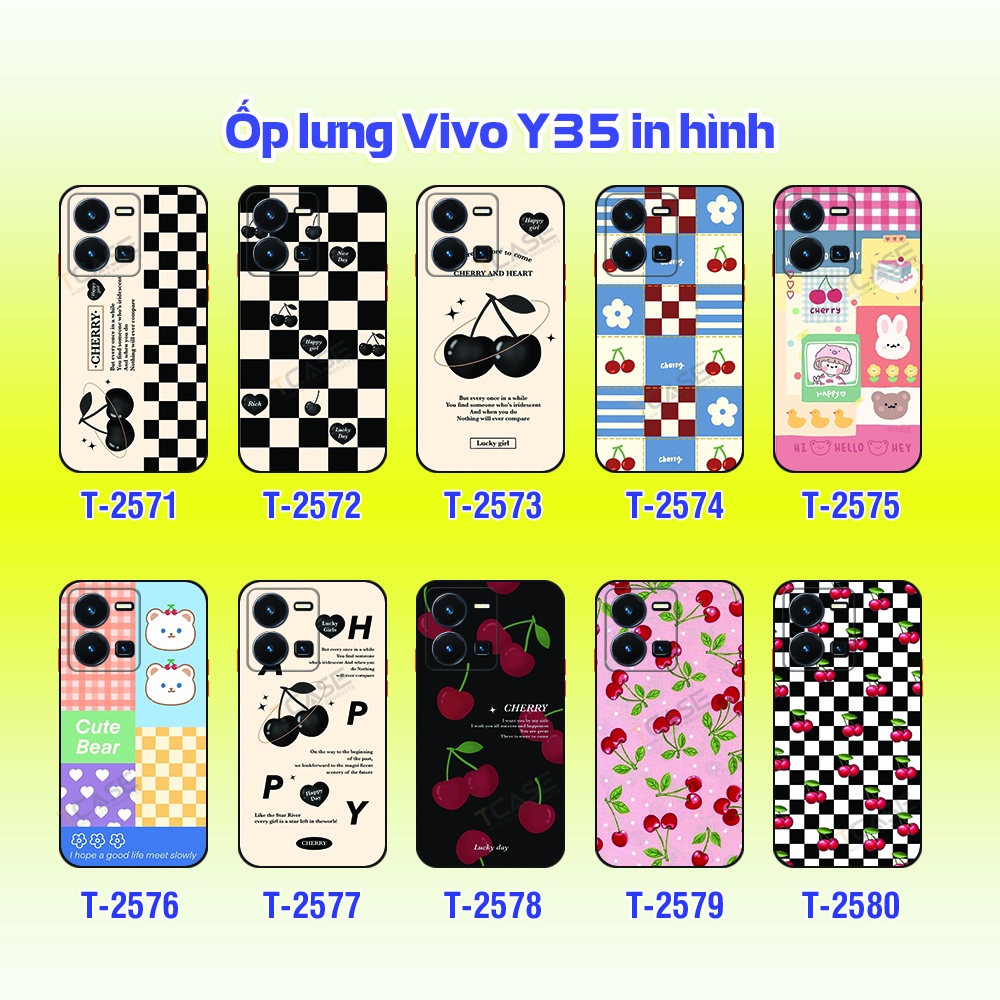 Ốp lưng Vivo Y35 in hình sọc caro và chery - Ốp chống sốc bảo vệ camera