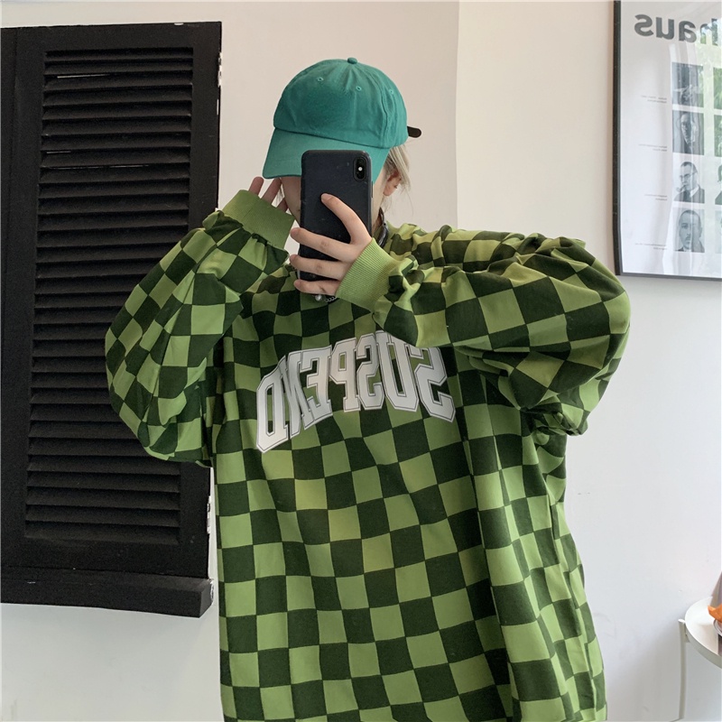 Áo Sweater Dáng Rộng Họa Tiết Sọc Caro Màu Xanh Lá Phong Cách Hippie Y2k Thời Trang Xuân Thu Cho Nữ