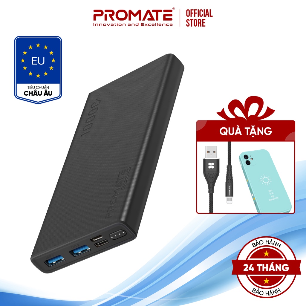 Sạc Dự Phòng 10000mAh PROMATE Bolt 10 PD 10W - Đầu Ra 2 Cổng USB-A Sạc Nhanh Cho iP/ Android