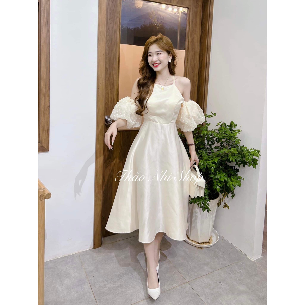Đầm chữ a dáng dài, đầm tiểu thư đi chơi với thiết kế tinh tế dễ thương trễ vai phối tay voan hột cao cấp