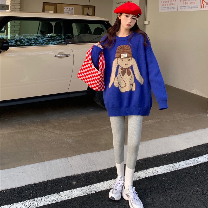 IELGY Áo Len Dày Chui Đầu Giữ Ấm In Họa Tiết Hoạt Hình Phong Cách Hàn Quốc Thời Trang Cho Nữ