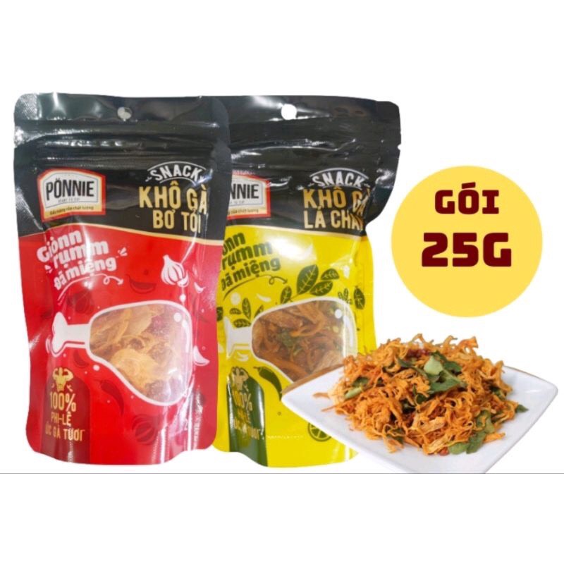 Khô gà lá chanh/ Khô gà bơ tỏi túi 25g Snack Ponnie
