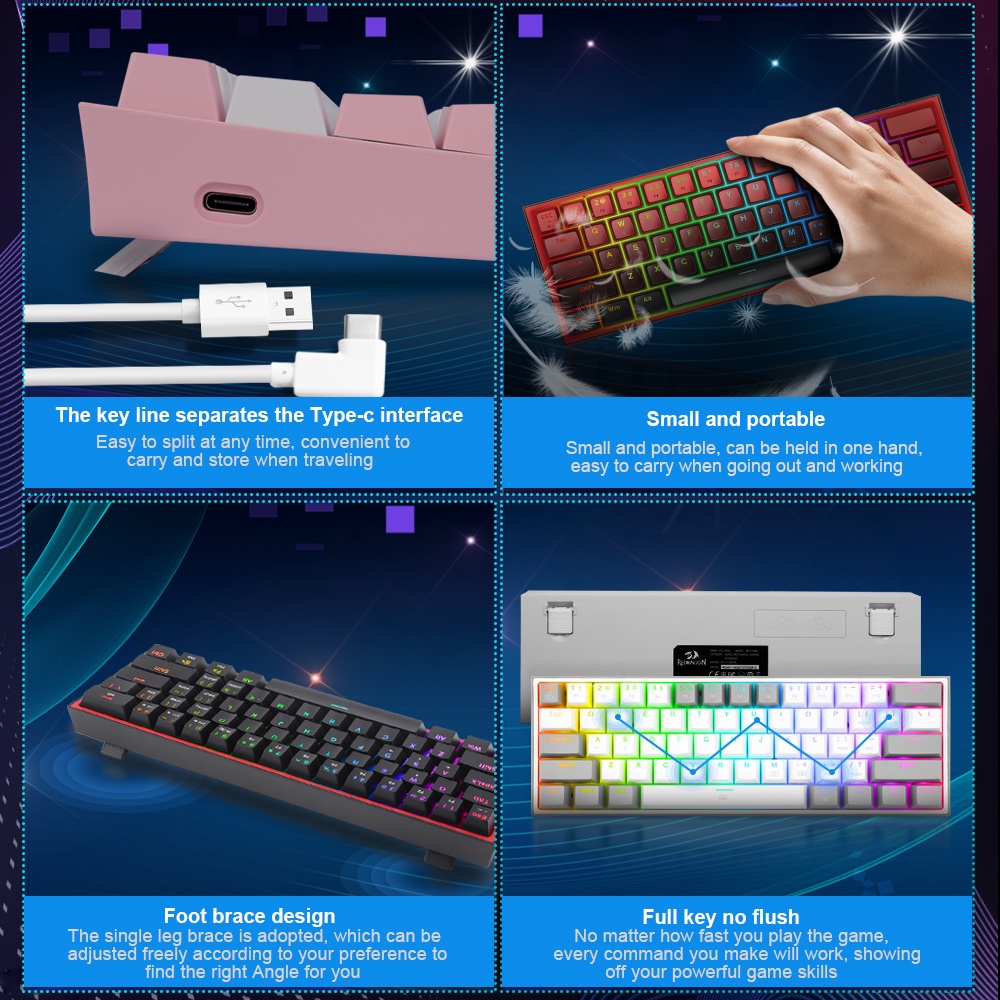 Bàn phím cơ Game Redragon Fizz K617RGB-PW Mini Kèm Dây Cáp 61 Có Thể Tháo Rời