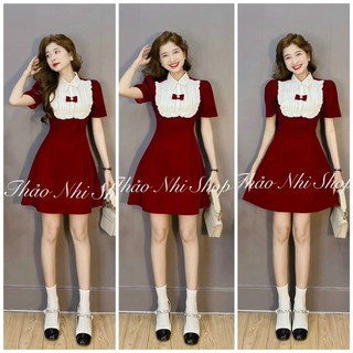 (GIẢM 50%) Đầm Váy Nữ Kiểu Nơ Cổ Yếm Chất Nhung Cứng Cao Cấp Cực Kỳ Rực Rỡ Và Xinh Xắn DXS