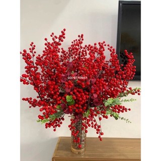 Cành đào đông đỏ cao cấp, một cành 12 nhánh hàng đẹp trang trí Tết - LeMai Decor