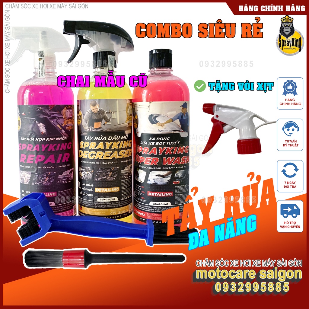 COMBO 3 Chai Sprayking Chuyên Rửa xe Bọt Tuyết Super Wash, Tẩy Rửa Hợp Kim Nhôm Repair, Tẩy Rửa dầu nhớt Degreaser