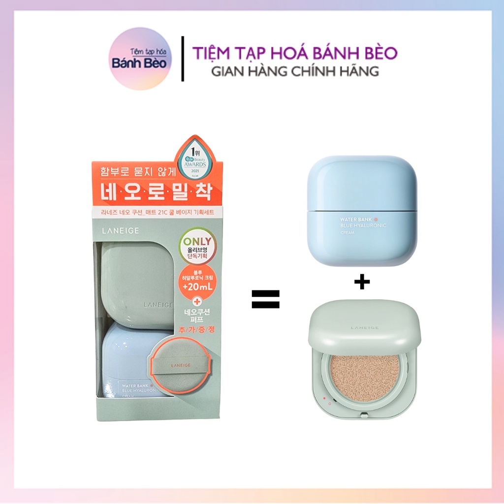 Set kem dưỡng phấn nước Laneige Neo Matte Cushion SPF42 PA+++ 21C 21N15g & Water Bank Blue Hyaluroic