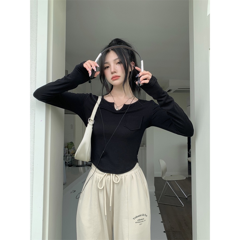 ZHELIHANGFEI Áo Thun Nữ Dài Tay Màu Sắc Đơn Giản