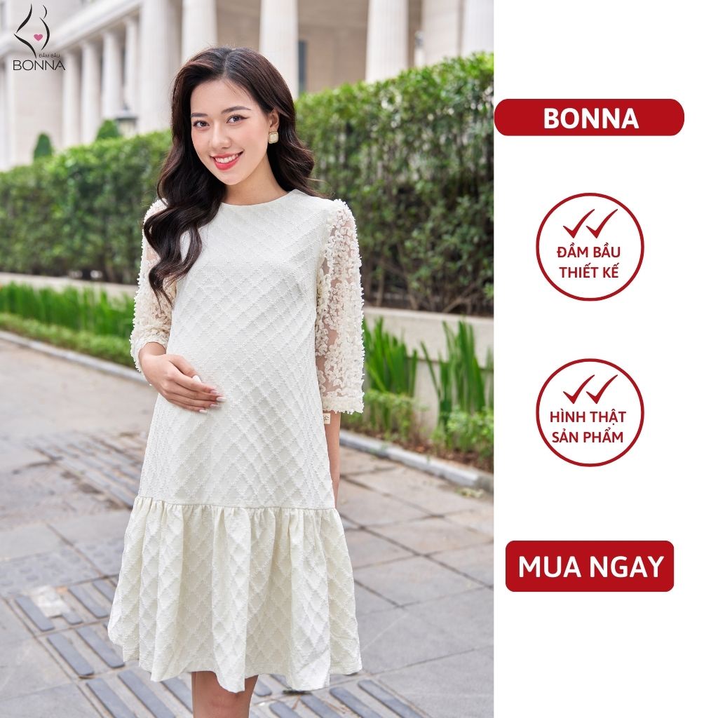 Đầm bầu thu đông BONNA chất sợi tự nhiên phối ren hoa nổi, dáng đuôi cá nhẹ nhàng, cổ tròn nữ tính VS258