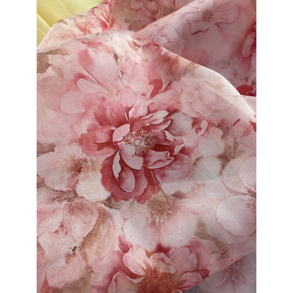 Vải voan tơ óng hoa hồng/ mẫu đơn/ hoa trà may áo dài, váy đầm chất rủ đẹp