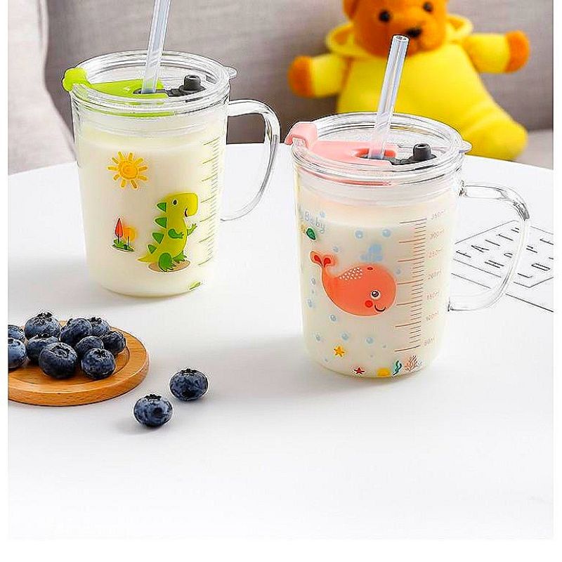 Ly thủy tinh có nắp chia vạch pha sữa, đong nước hoạt hình dễ thương kèm ống hút tiện lợi