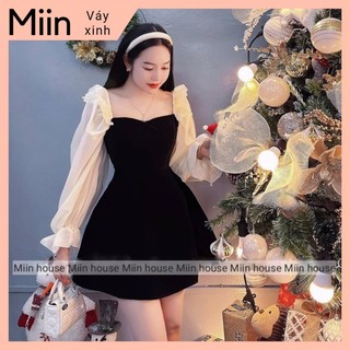 Váy nhung cúp xòe phối tay tơ nơ