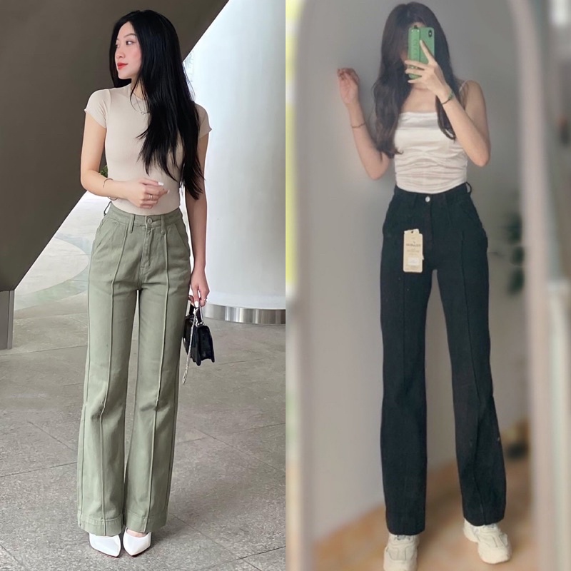 Quần Jean Suông Ống Đứng Loe Nhẹ Gân Giữa Lai Lớn Vintage