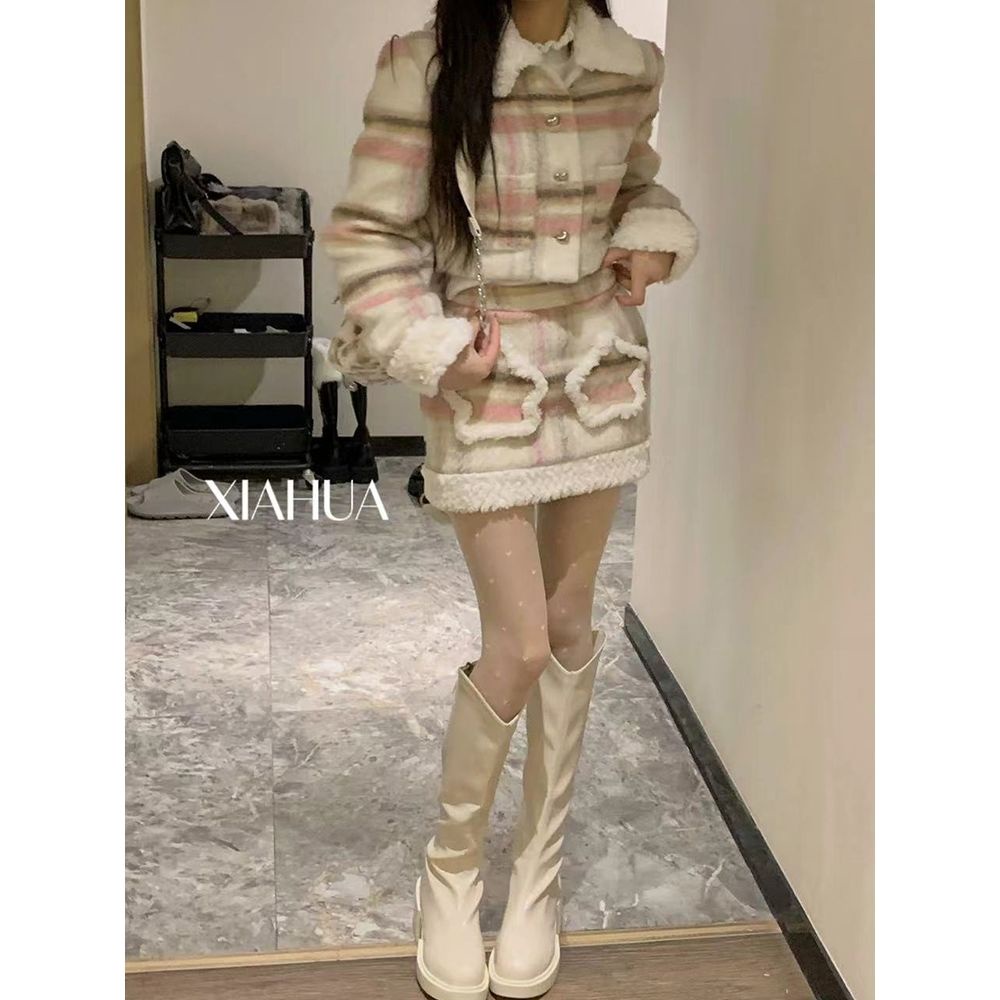 Set Áo Khoác Cardigan Kèm Chân Váy Họa Tiết Caro Ngọt Ngào Thời Trang Mùa Đông Cho Nữ