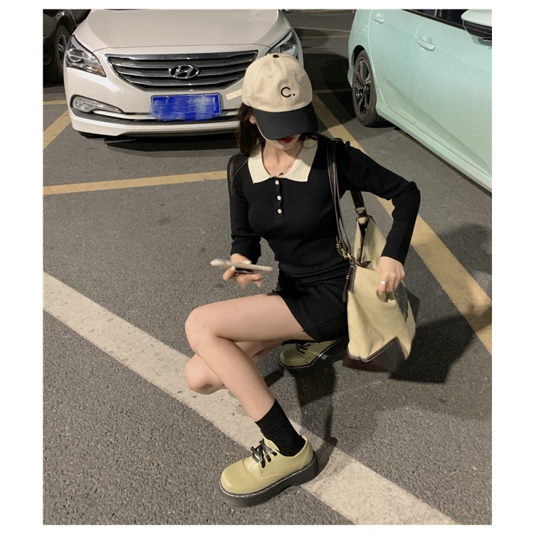 Đầm Tay Dài Cổ Polo Màu Sắc Thời Trang Mùa Thu Phong Cách Hàn Quốc Cho Nữ