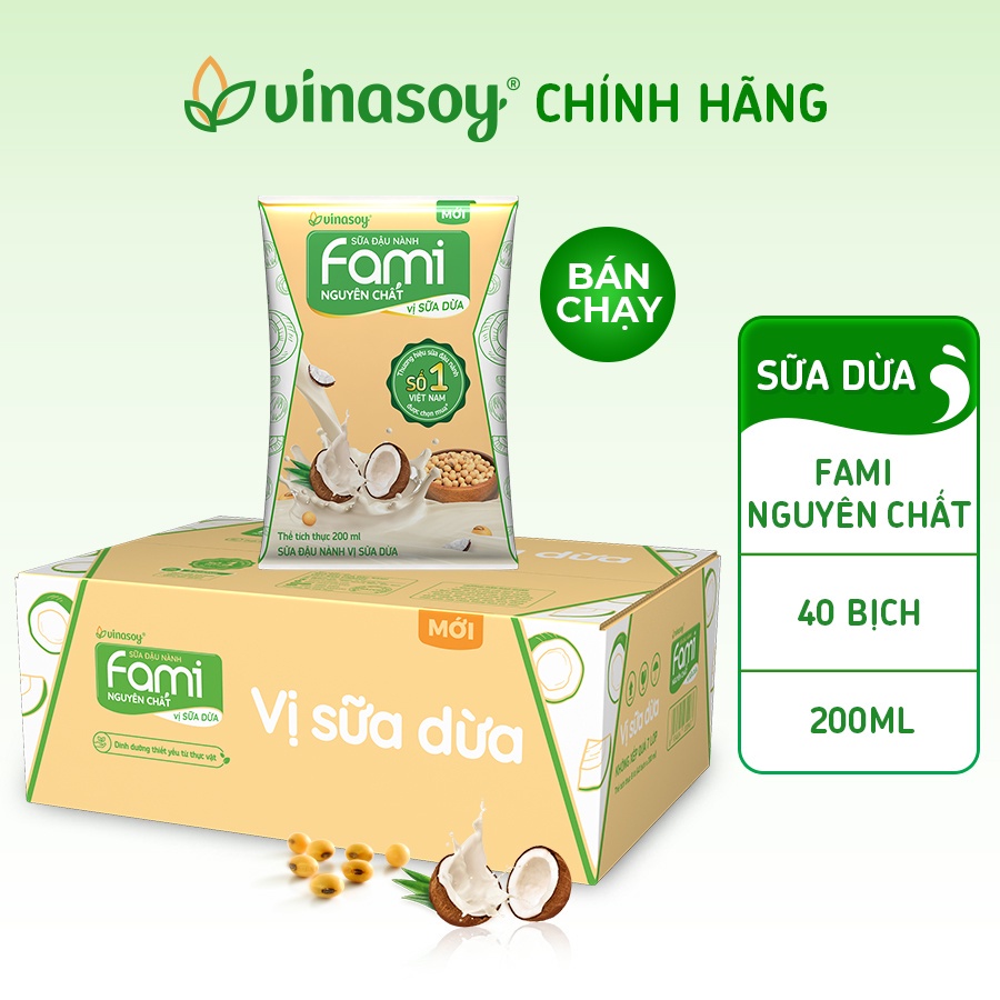 Thùng Sữa đậu nành Fami Nguyên Chất vị Sữa dừa (40 bịch x 200ml)