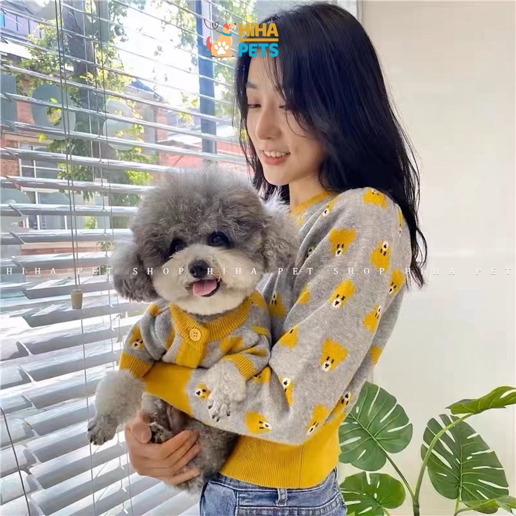 Áo Len Gấu Xám Viền Vàng Cho Chó, Áo Len Cho Chó 4 Chân, Áo Ấm Mùa Đông Cho Thú Cưng Hihapet