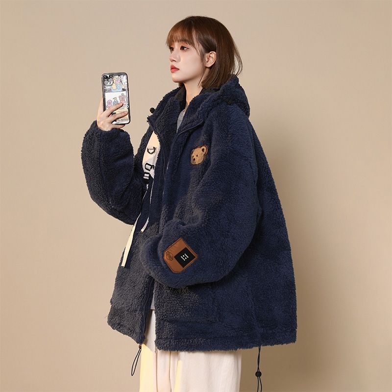 Áo khoác bông lông cừu học sinh áo bông liền mũ lông dày dặn lót nhung dễ thương rộng rãi phong cách lười mùa đông cho nữ