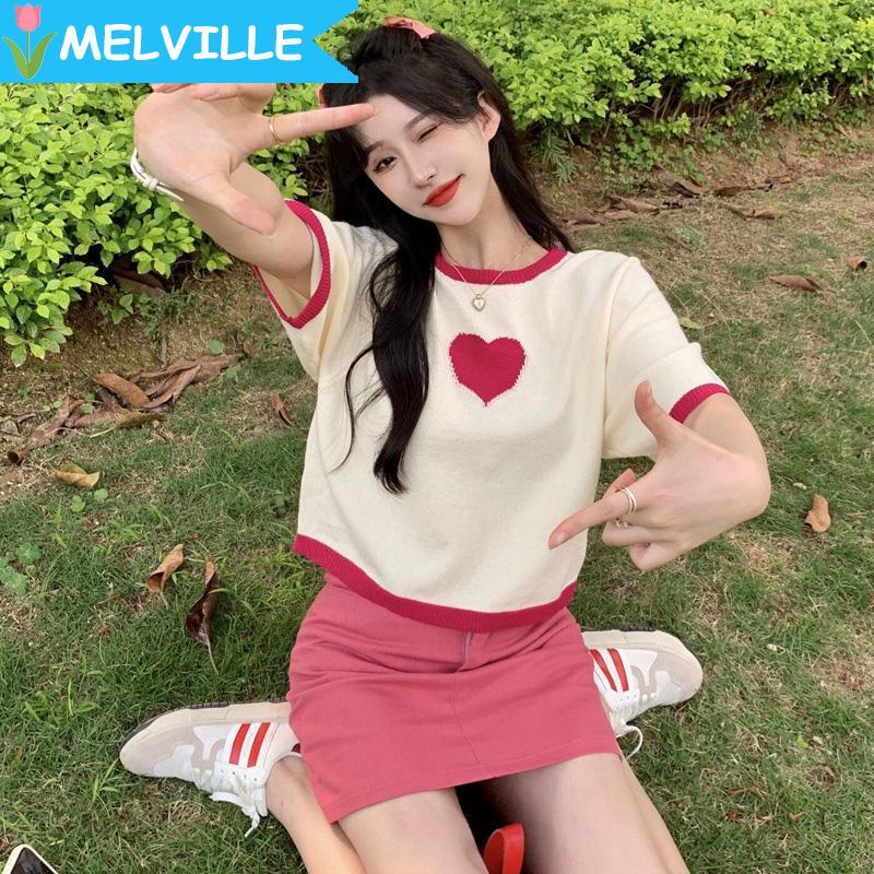 MELVILLE Áo Thun Dệt Kim Tay Ngắn Dáng Rộng Thêu Hình Trái Tim Màu Trắng Đen Thời Trang Mùa Hè 2023 Dành Cho Bạn Nữ