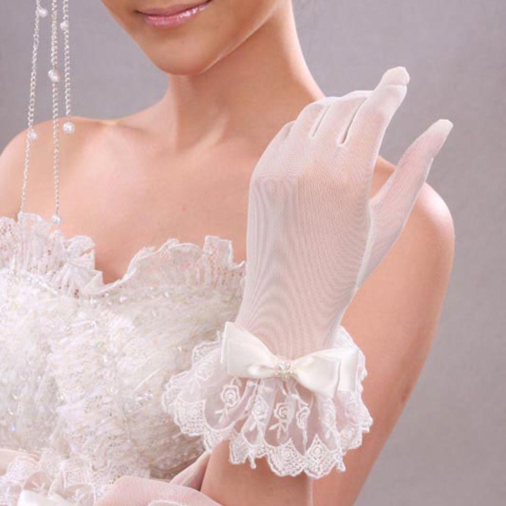 Găng Tay Đính Nơ Ruy Băng Mỏng Co Giãn Cho Cô Dâu