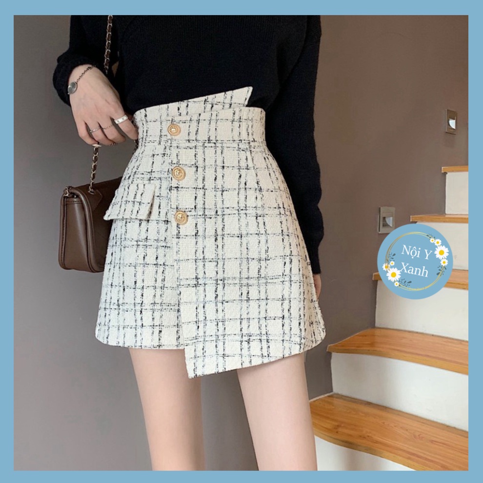 Chân váy ngắn dạ kim tuyến nữ dáng cúc lệch phối 3 khuy ngọc vương quyền Nội Y Xanh hot trend thu đông ấm áp