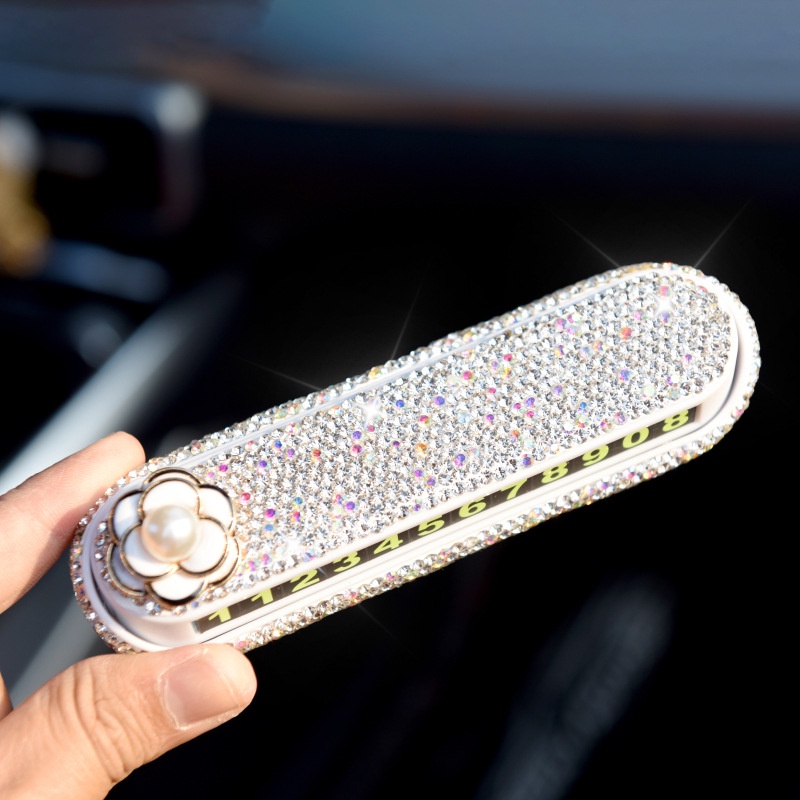 Bảng Để Lại Số Điện Thoại Trên Taplo Xe Hơi Kiểu Dáng Hoa Trà Đính Đá Sang Trọng