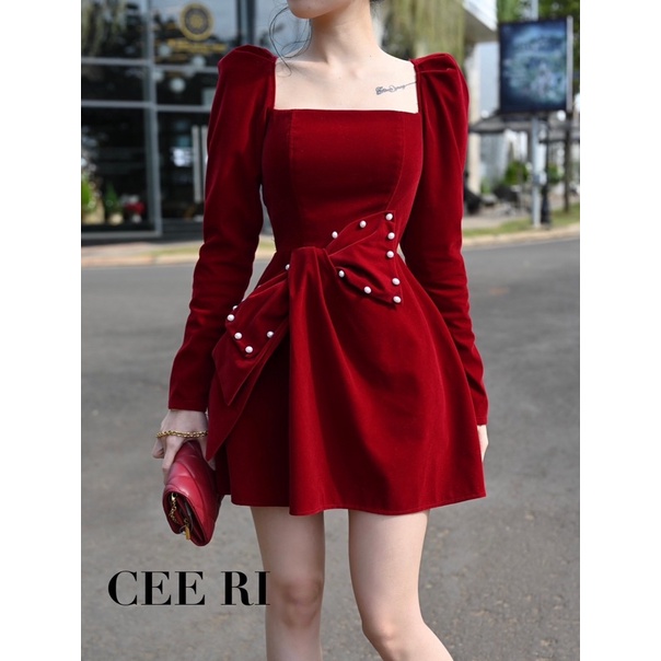 CEE RI - Váy nhung cao cấp nơ eo đính ngọc