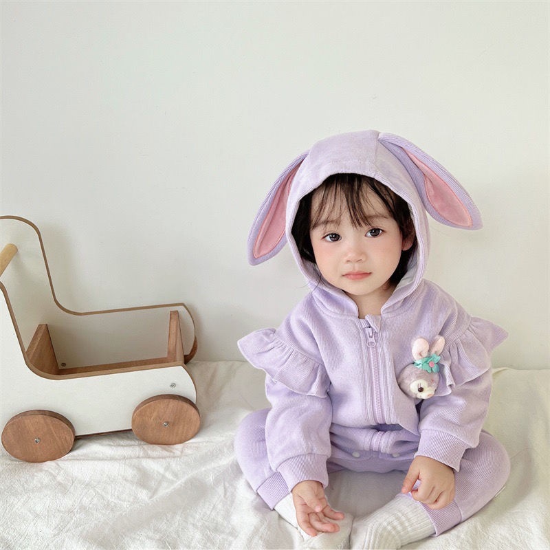 Áo Liền Quần Tay Dài Có Nón Bằng Vải Cotton Dễ Thương Dành Cho Bé Gái 0-3 Tuổi