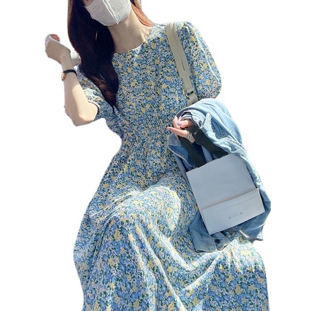 Đầm Dài Tay Phồng Cổ Tròn Họa Tiết Hoa Thời Trang Mùa Hè Phong Cách Pháp Cổ Điển Mới Cho Nữ