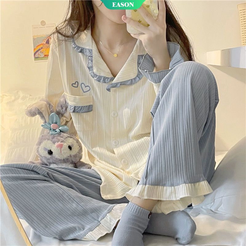 Bộ Đồ Ngủ Diềm Xếp Nếp Tay Dài Thời Trang Thu Đông Nhật Bản Hàng Mới Dành Cho Bạn Nữ Mặc Ở Nhà