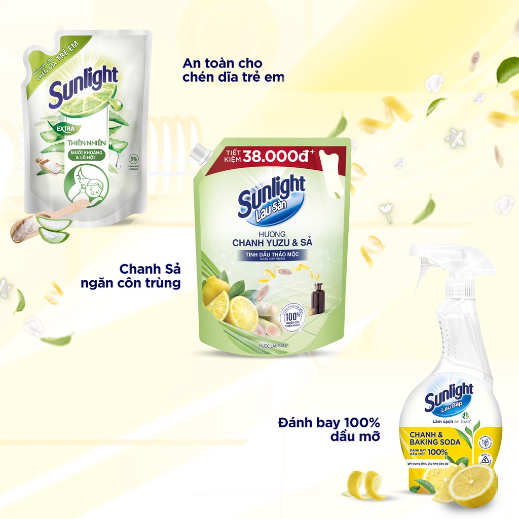 Combo 4 Trọn bộ Sunlight dọn Tết: Nước rửa chén Thiên Nhiên 2.1kg + Nước lau sàn Chanh Sả 3.4kg + 2 Nước lau bếp 500ml