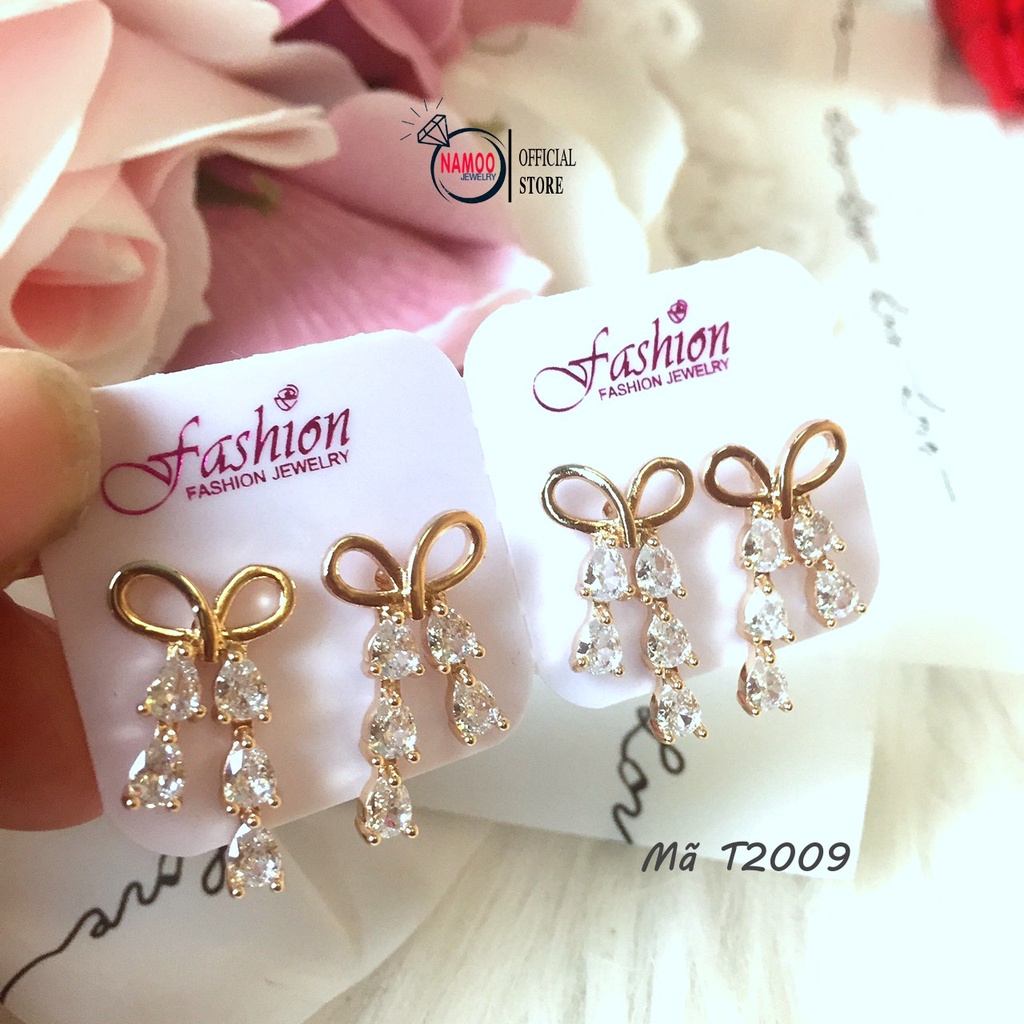 Bông Tai Nữ T2009 Nút Nụ Đính Nơ đá Bền Màu bảo hành 6 tháng