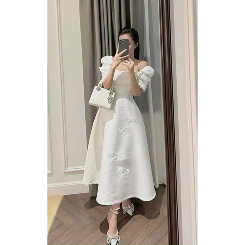 ĐẦM DỰ TIỆC GẤM DÁNG DÀI ĐÍNH NƠ ĐÁ BIGSIZE 60-90KG ( BÈO BÉO BIGSIZE )