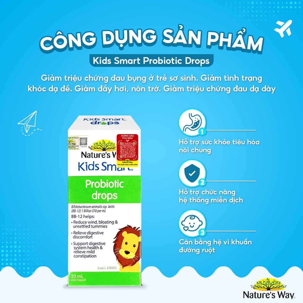 Men Vi Sinh Cho Bé Nature's Way Kids Smart Drops Probiotic Dạng Giọt Bổ Sung Lợi Khuẩn Tăng Cường Hệ Tiêu HóaCho Bé 20ml