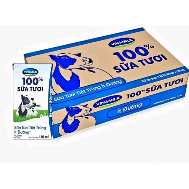 Thùng 48 hộp sữa Vinamilk 100%, có đường/ ít đường, hộp 110ml
