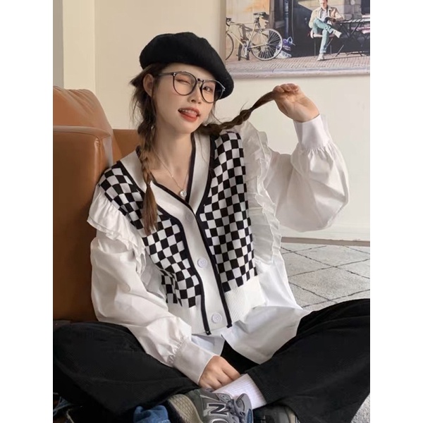 Áo sơ mi giả tay dài kẻ ngang trắng đen