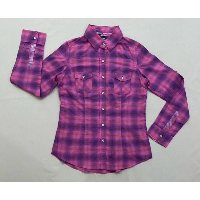 (A894) Áo sơ mi tay dài kẻ hồng tím (Size S, M) - Thanh lý vnxk