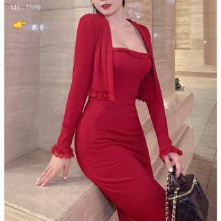 Sét đầm 2 dây viền ren ngực ôm body phối áo khoác viền ren cực hot , chất thun gân mềm mát