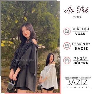 Áo trễ vai nữ dài tay thắt nơ tiểu thư Trắng / Đen phù hợp đi chơi